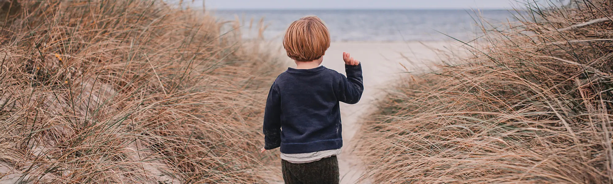 Child walking along a path between tall grasses towards the ocean.