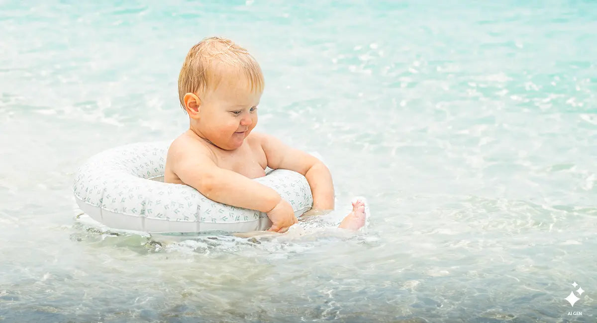 A baby sitting in a light gray patterned inflatable pool float in shallow turquoise water.