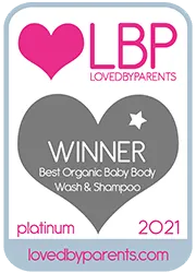 Loved by Parents award for Best Organic Baby Body Wash & Shampoo 2021 with a heart design.