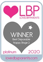 Loved by Parents platinum award badge for Best Disposable Nappy Stage 2 winner 2020