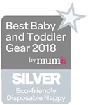 Silver award badge for best baby and toddler gear 2018 by Mum's Choice, featuring a disposable nappy.