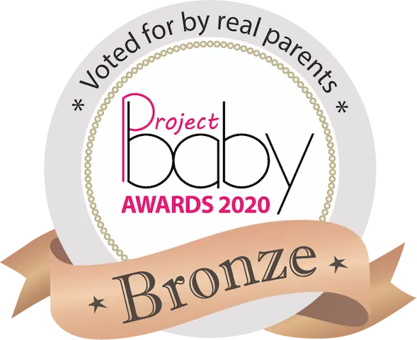Project Baby Awards 2020 bronze medal with text 'Voted for by real parents' on a white background