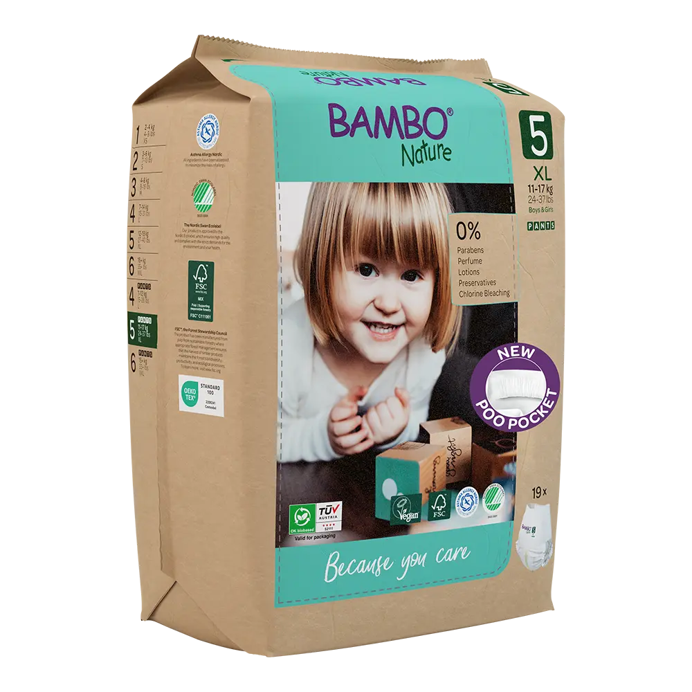 Bambo Nature Pants size 5, 11-17 kg, with new poo pocket and eco-friendly packaging
