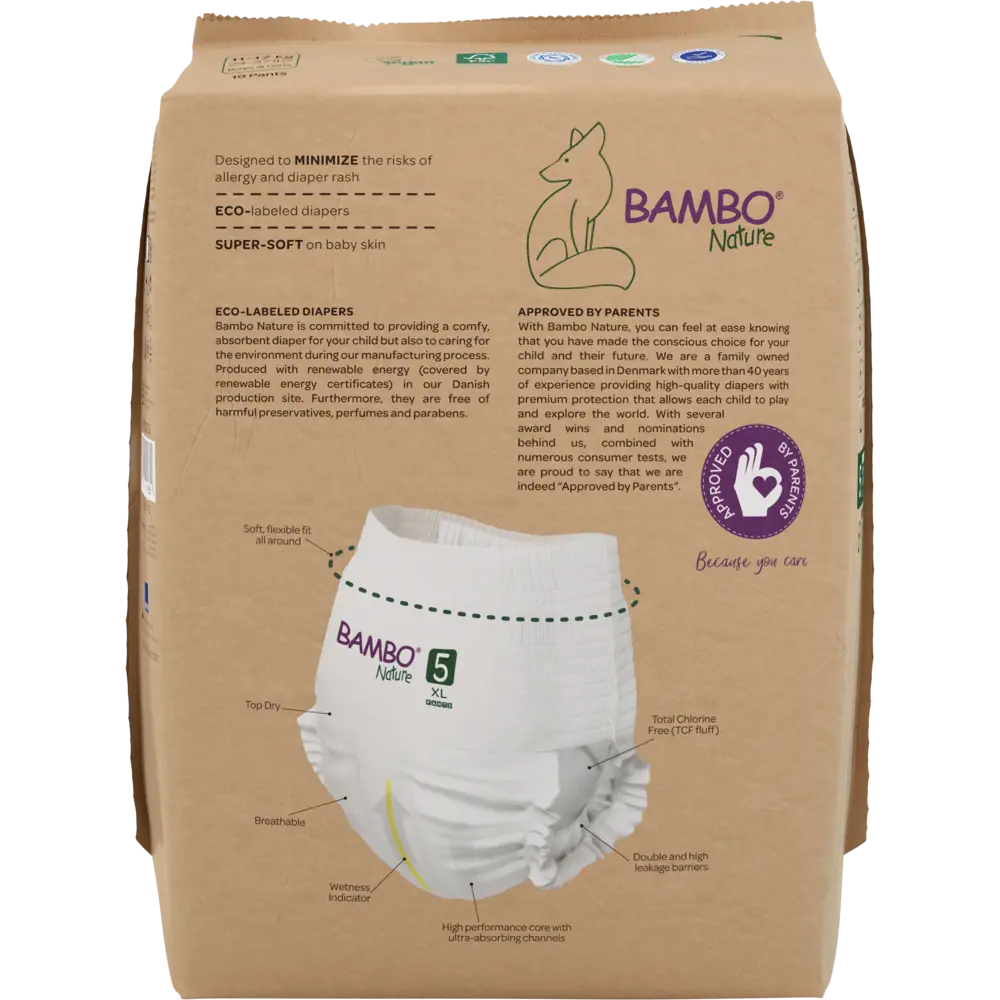Bambo Nature Pants size 5, back of eco-friendly packaging with diaper shown.