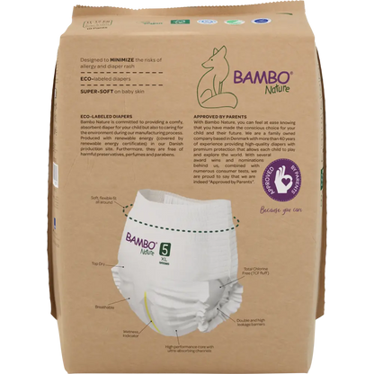 Bambo Nature Pants size 5, back of eco-friendly packaging with diaper shown.