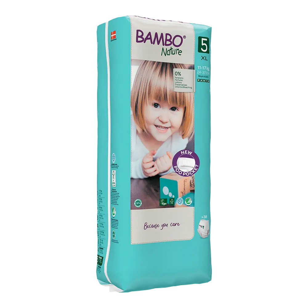 Bambo Nature Pants size 5, 38 pcs, with diaper featuring poo pocket design