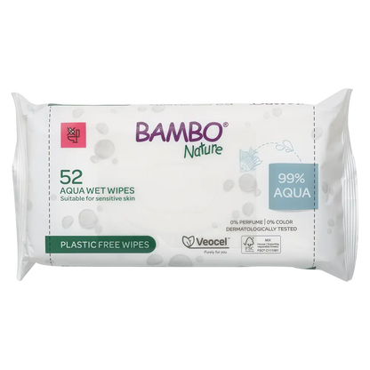 Bambo Nature 99% Aqua plastic-free wet wipes for sensitive skin.