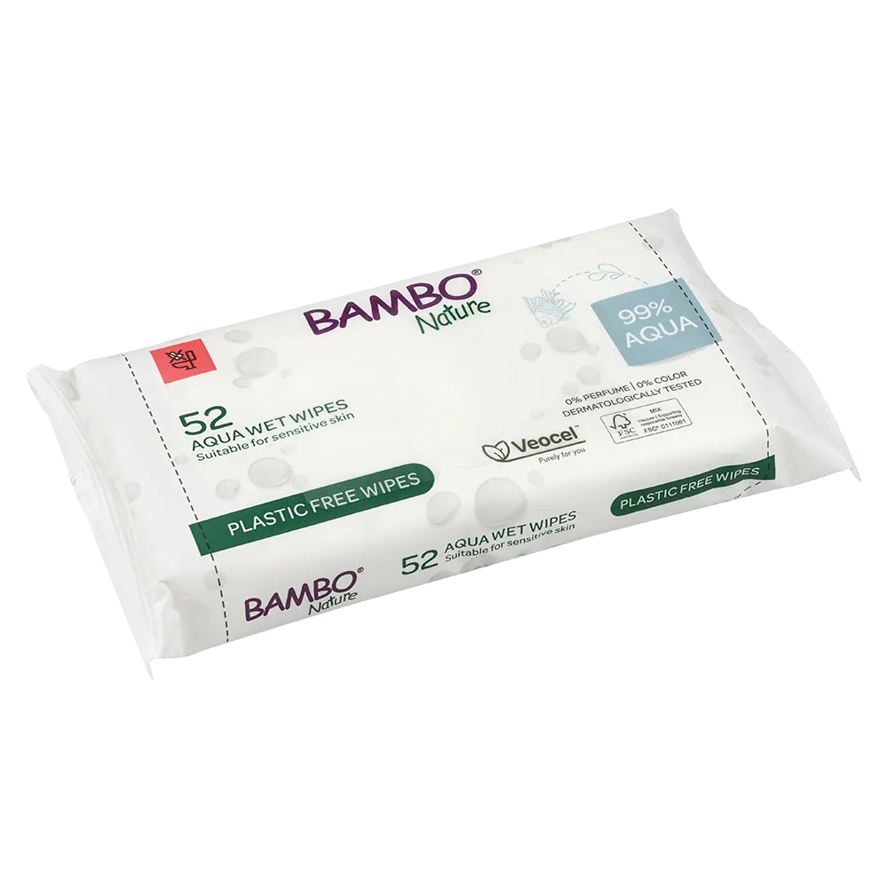 Bambo Nature 99% Aqua plastic-free wet wipes, 52 count, suitable for sensitive skin