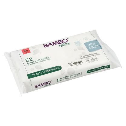Bambo Nature 99% Aqua plastic-free wet wipes, 52 count, suitable for sensitive skin