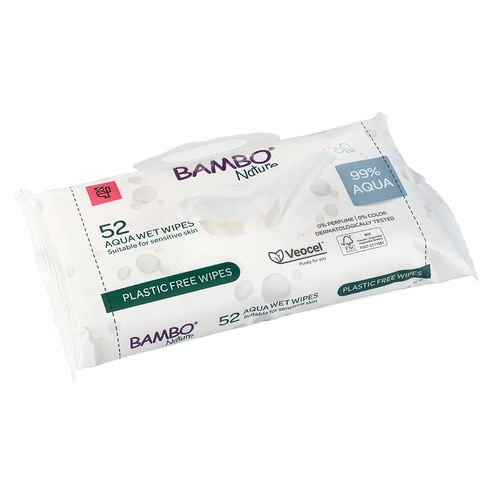 Bambo Nature Aqua Wet Wipes, 52 count, plastic-free, 99% aqua, sensitive skin