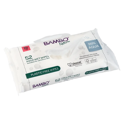 Bambo Nature Aqua Wet Wipes, 52 count, plastic-free, 99% aqua, sensitive skin